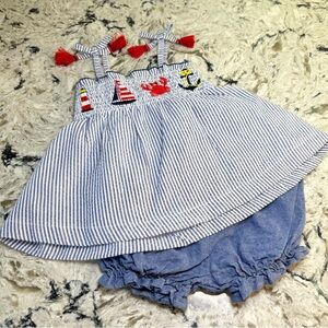 Mud Pie Nautical Appliqués Blue Seersucker Chambray Set